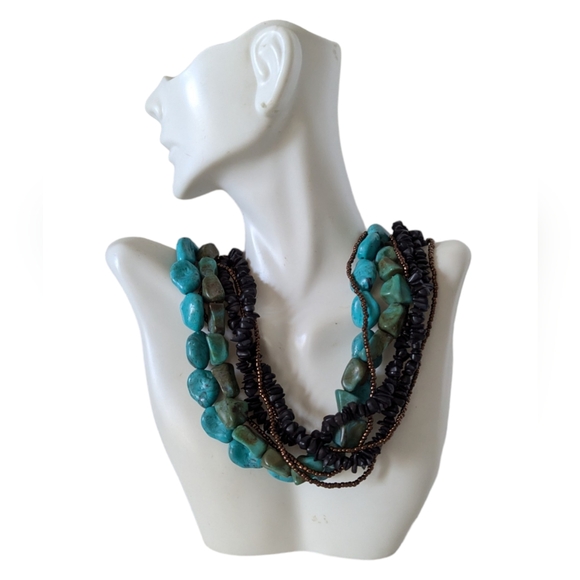 Turquoise Necklace Choker Multi Strand Boho Beaded Tribal Collar - Picture 2 of 8